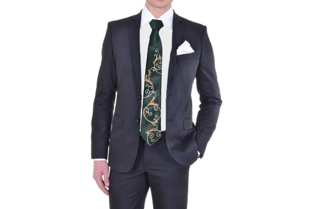 Cravatta verde scuro con ghirigori bianchi e oro