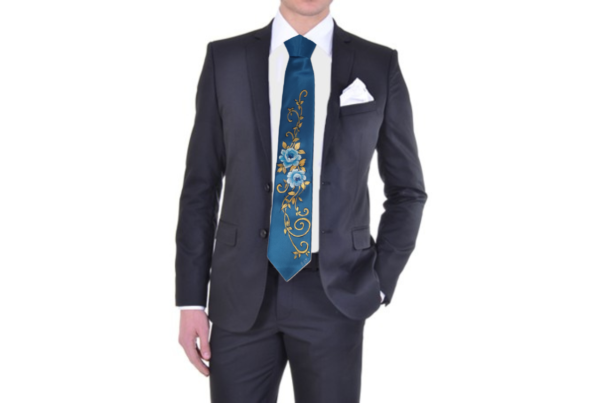 Cravatta blu con ricami in oro
