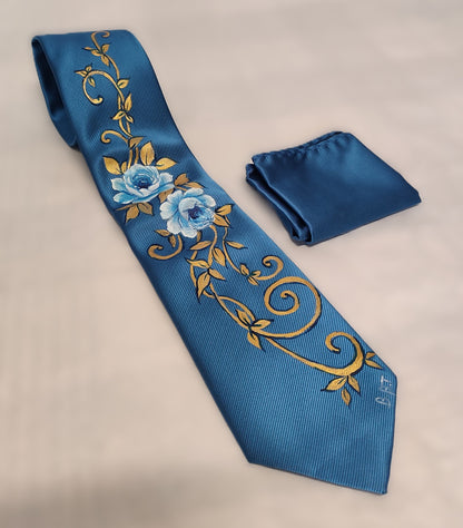 Cravatta blu con ricami in oro