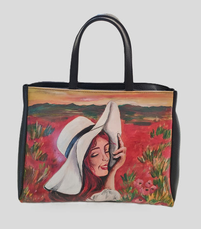 Lady in red shoulder bag