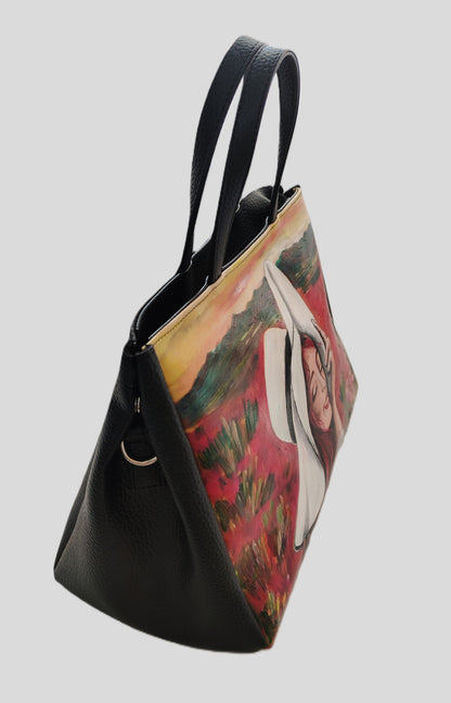 Lady in red shoulder bag