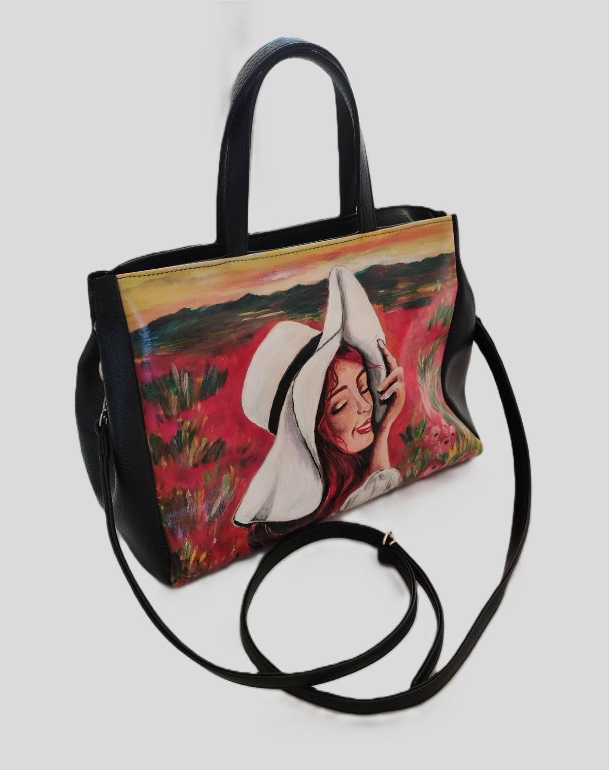 Lady in red shoulder bag