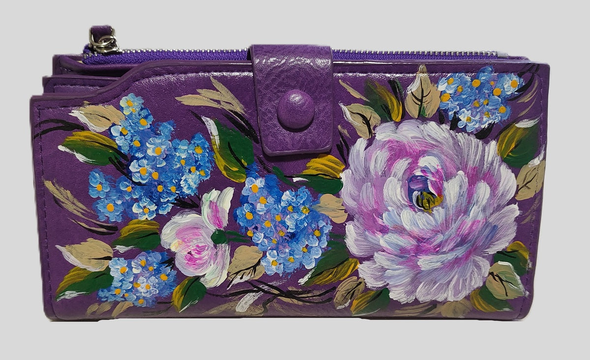 Portafoglio viola con peonie e non ti scordar