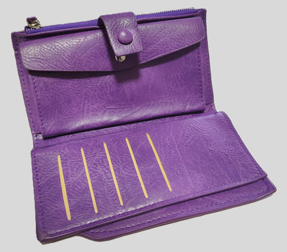 Portafoglio viola con peonie e non ti scordar